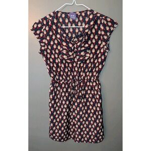 Bebop Girl's SS Navy Blue Red Beige Bird Print Ruffled Dress Med 10/12 Pockets